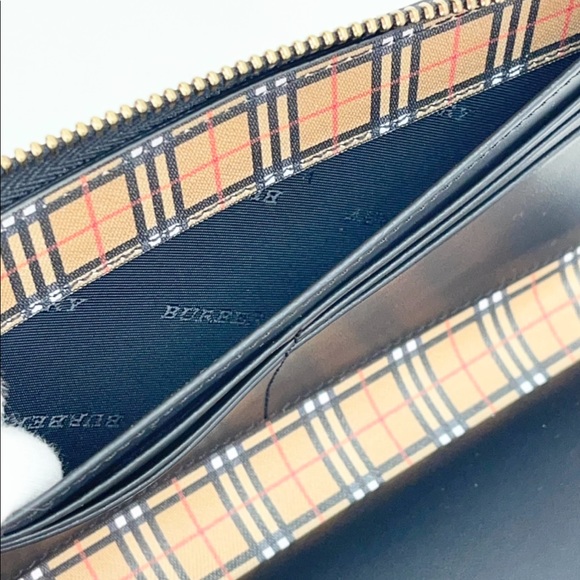 Burberry New Black Check Signature Large Zip Around Logo Leather Wallet - Picture 7 of 13